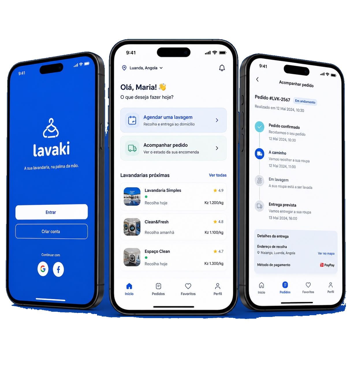 Aplicação Lavaki — três ecrãs: login, início e acompanhamento de pedido