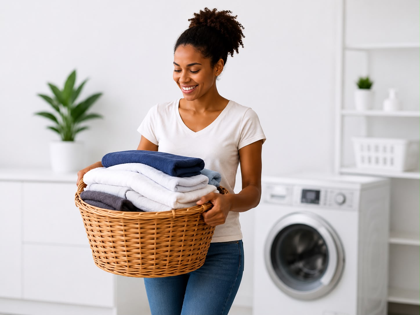 Cliente Lavaki com cesto de roupa limpa e dobrada